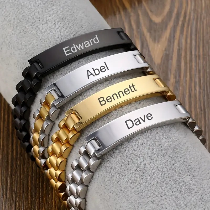 Engraved Men'S Stainless Steel Bracelet, Fashion Style, Detachable Band