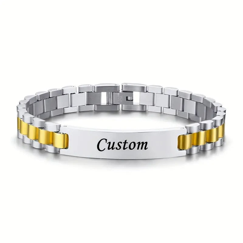 Engraved Men'S Stainless Steel Bracelet, Fashion Style, Detachable Band