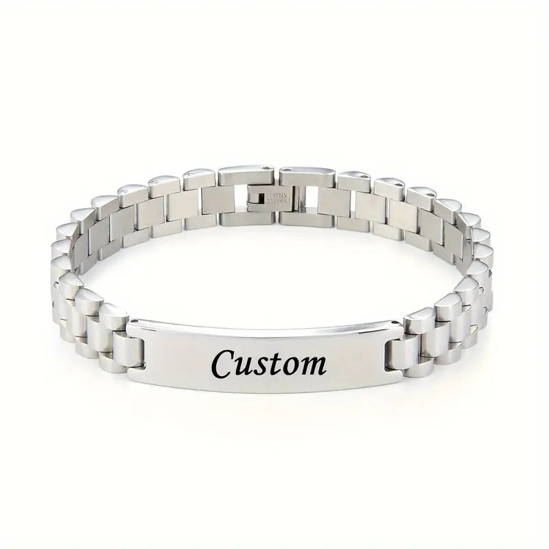 Engraved Men'S Stainless Steel Bracelet, Fashion Style, Detachable Band