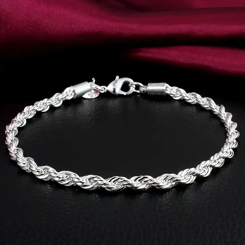 Men's Stainless Steel Braided Bracelet – Stylish Silver-Plated 4mm Rope Chain Bracelet with Gift Box 🎁✨